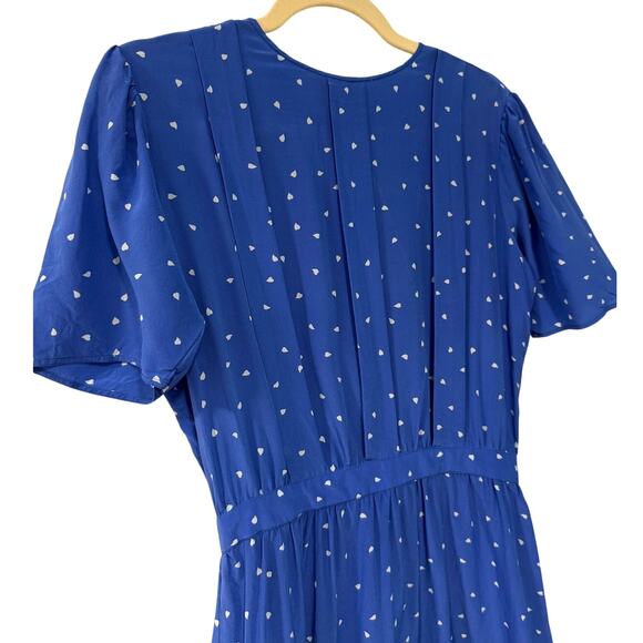 sezane Vintage 6 Mini Hearts SILK Secretary Dress Pleated Librarian Blue White - Picture 5 of 9
